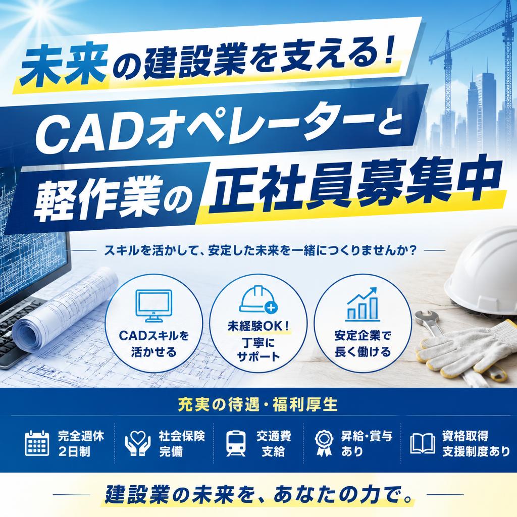 未来の建設業を支える！ CADオペレーターと軽作業の正社員募集中