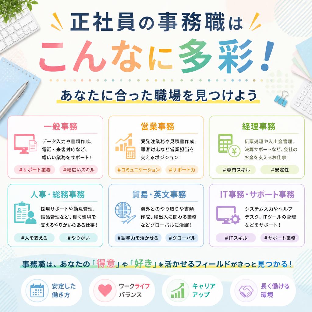 正社員の事務職はこんなに多彩！あなたに合った職場を見つけよう